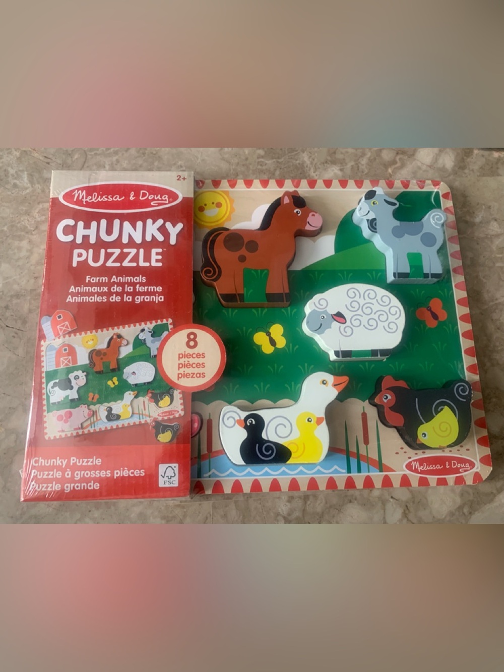 Melissa & Doug Chunky Farm Animals Puzzle - Colorful Kids 8pc Wooden Puzzle